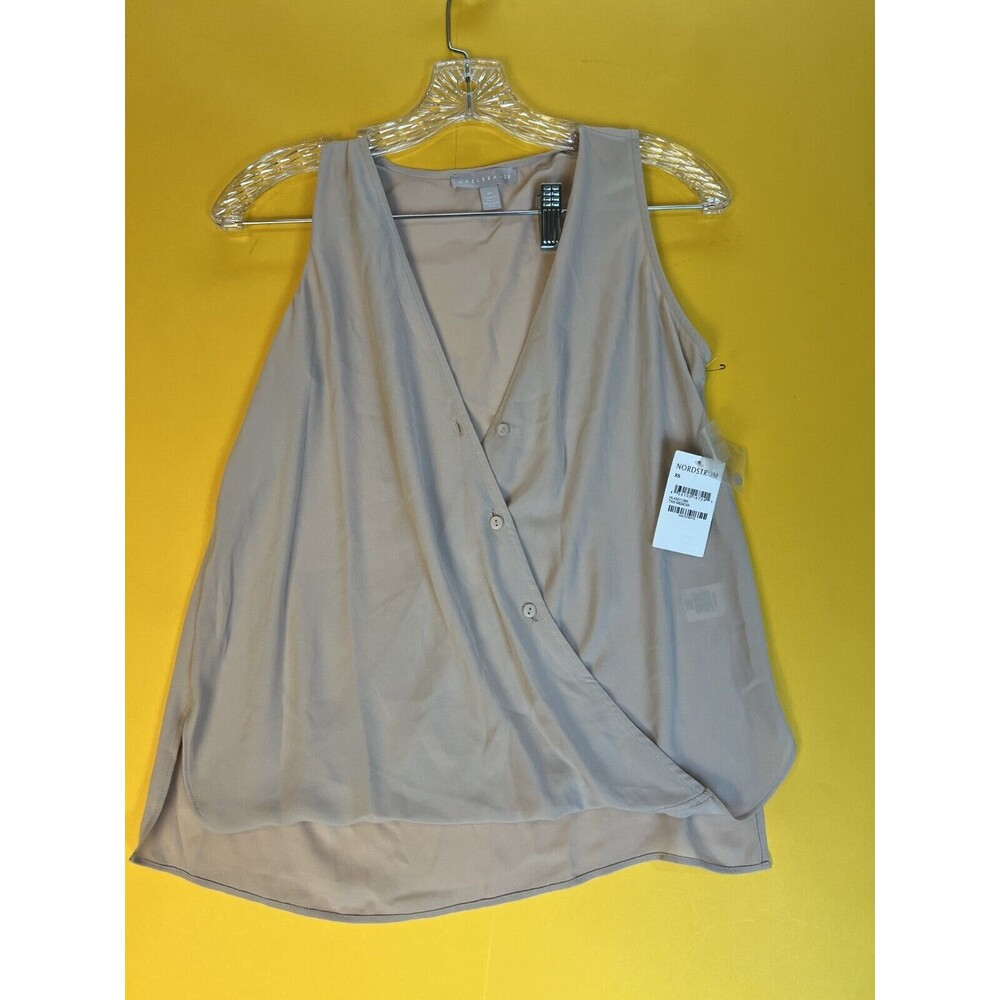 Chelsea28 Surplice Wrap Blouse Top Womens XS Tan Memoir Button Up Sleeveless NWT